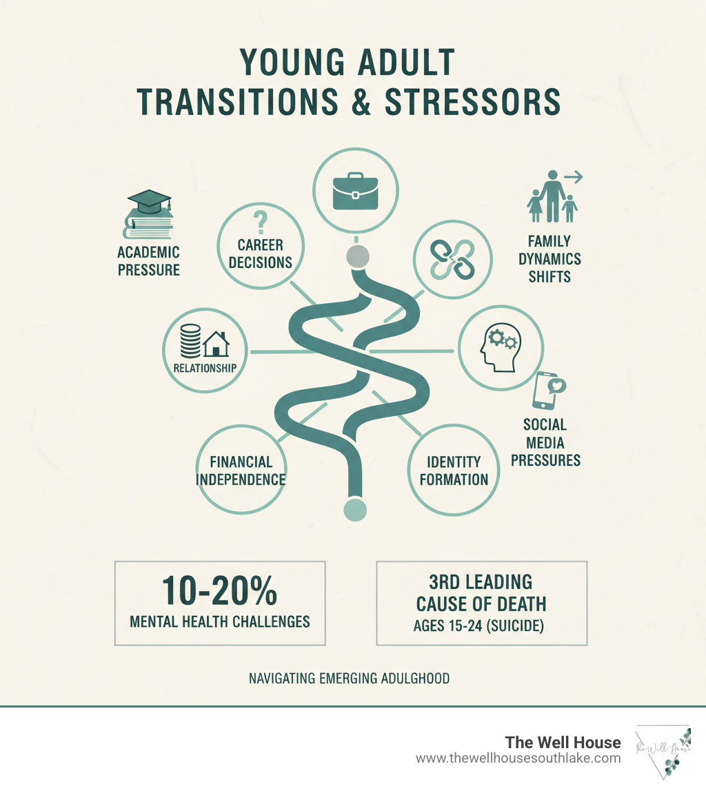infographic showing the major stressors and transitions faced by young adults including academic pressure, career decisions, financial independence, relationship changes, identity formation, social media pressures, and family dynamics shifts, along with statistics showing 10-20% of young adults experience mental health challenges and suicide is the third leading cause of death for ages 15-24 - young adult therapy infographic infographic showing the major stressors and transitions faced by young adults including academic pressure, career decisions, financial independence, relationship changes, identity formation, social media pressures, and family dynamics shifts, along with statistics showing 10-20% of young adults experience mental health challenges and suicide is the third leading cause of death for ages 15-24 - young adult therapy infographic