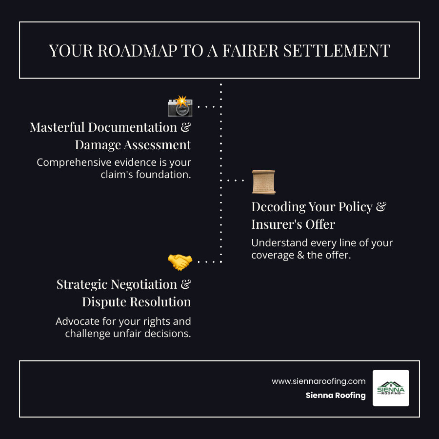 infographic showing steps to a fair settlement - affordable home insurance claim assistance services infographic infographic-line-3-steps-dark
