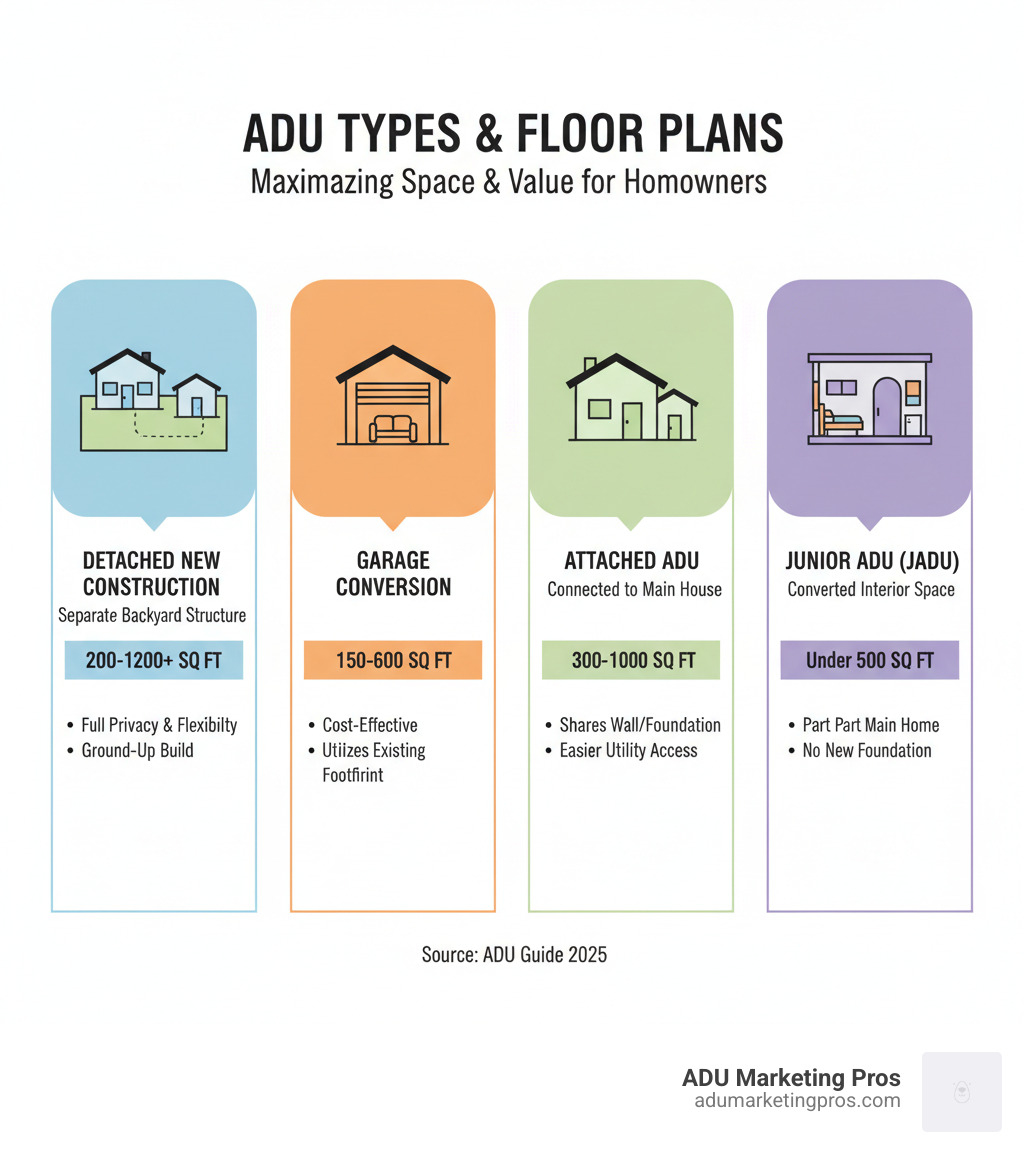 infographic showing four types of ADUs side by side: Detached New Construction ADU with separate structure in backyard, Garage Conversion ADU showing transformed existing garage, Attached ADU connected to main house, and Junior ADU as converted interior space, each with typical square footage ranges and key characteristics - ADU Floor Plans infographic 