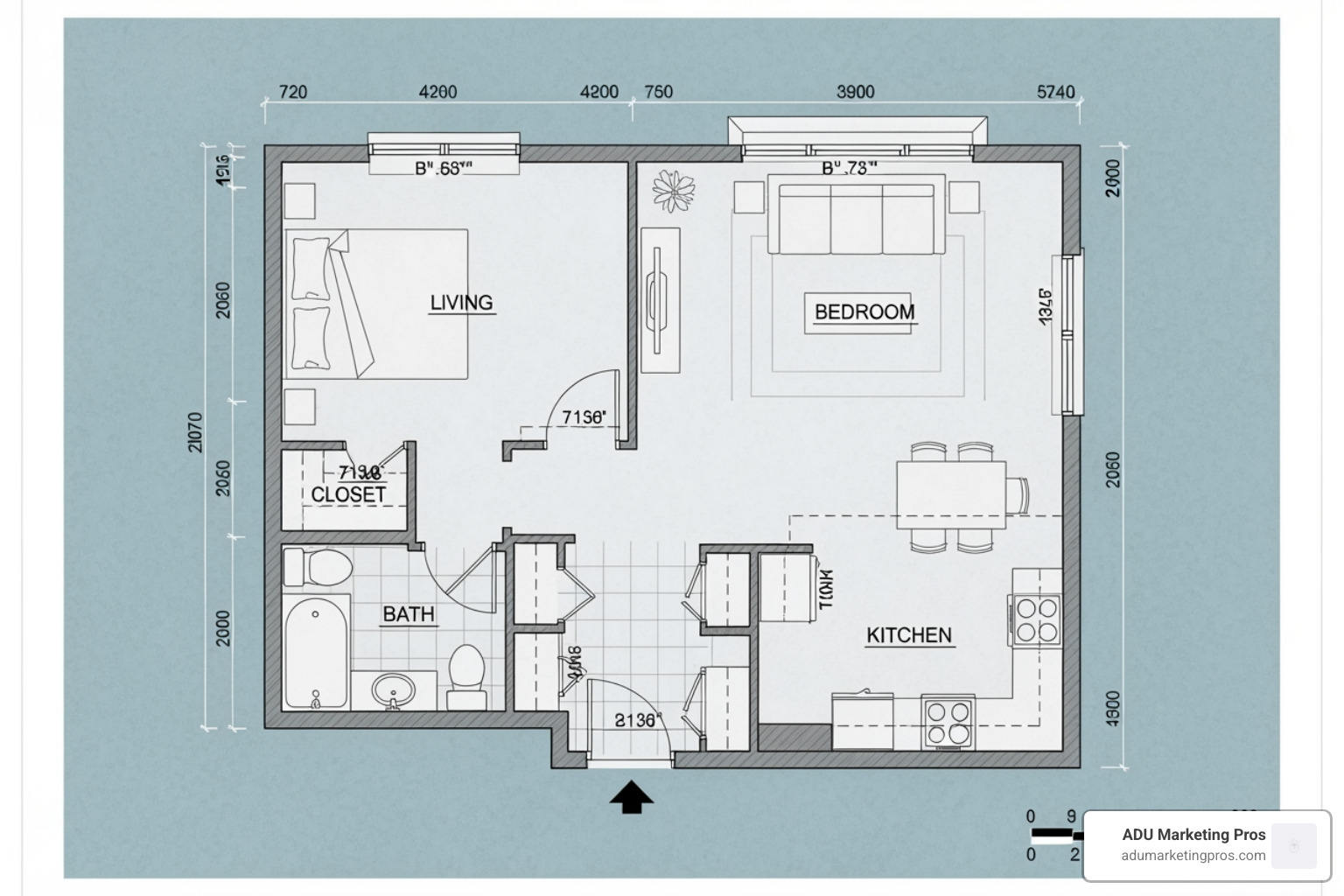 one-bedroom ADU floor plan blueprint - ADU Floor Plans