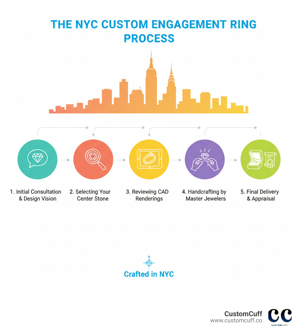 infographic showing the custom engagement ring process in NYC with five steps: initial consultation and design vision, selecting your center stone with expert guidance, reviewing CAD renderings and 3D models, handcrafting by master jewelers in NYC, and final delivery with warranty and appraisal - custom engagement rings nyc infographic infographic showing the custom engagement ring process in NYC with five steps: initial consultation and design vision, selecting your center stone with expert guidance, reviewing CAD renderings and 3D models, handcrafting by master jewelers in NYC, and final delivery with warranty and appraisal - custom engagement rings nyc infographic