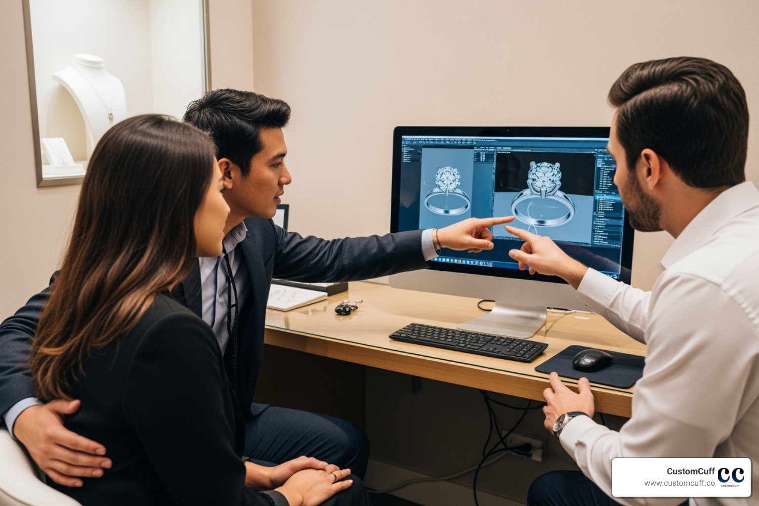 couple reviewing CAD designs with a jeweler - custom engagement rings nyc couple reviewing CAD designs with a jeweler - custom engagement rings nyc