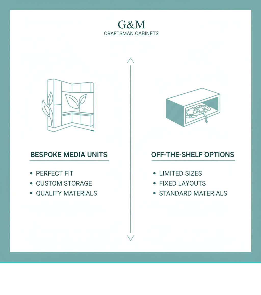 Infographic comparing bespoke media units by G&M Craftsman Cabinets to standard off-the-shelf options, highlighting benefits including perfect fit for any space, custom storage solutions, premium materials and hardware, integrated cable management, timeless design that increases home value, and backed by decades of Sunshine Coast craftsmanship - bespoke media units infographic 