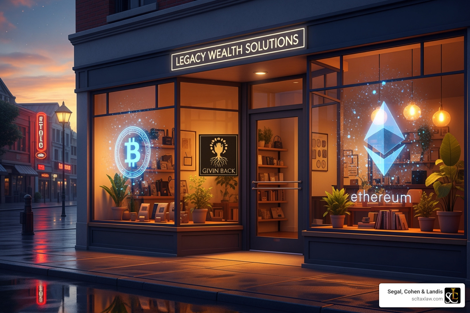 diverse assets like a business storefront, digital currency symbols, and a charity logo - estate planning and tax attorney