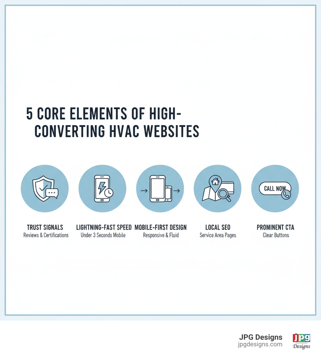 infographic showing the five core elements of high-converting hvac websites: trust signals including reviews and certifications, lightning-fast mobile speed under 3 seconds, mobile-first responsive design, local seo with service area pages, and clear prominent call-to-action buttons - hvac website design tips infographic 