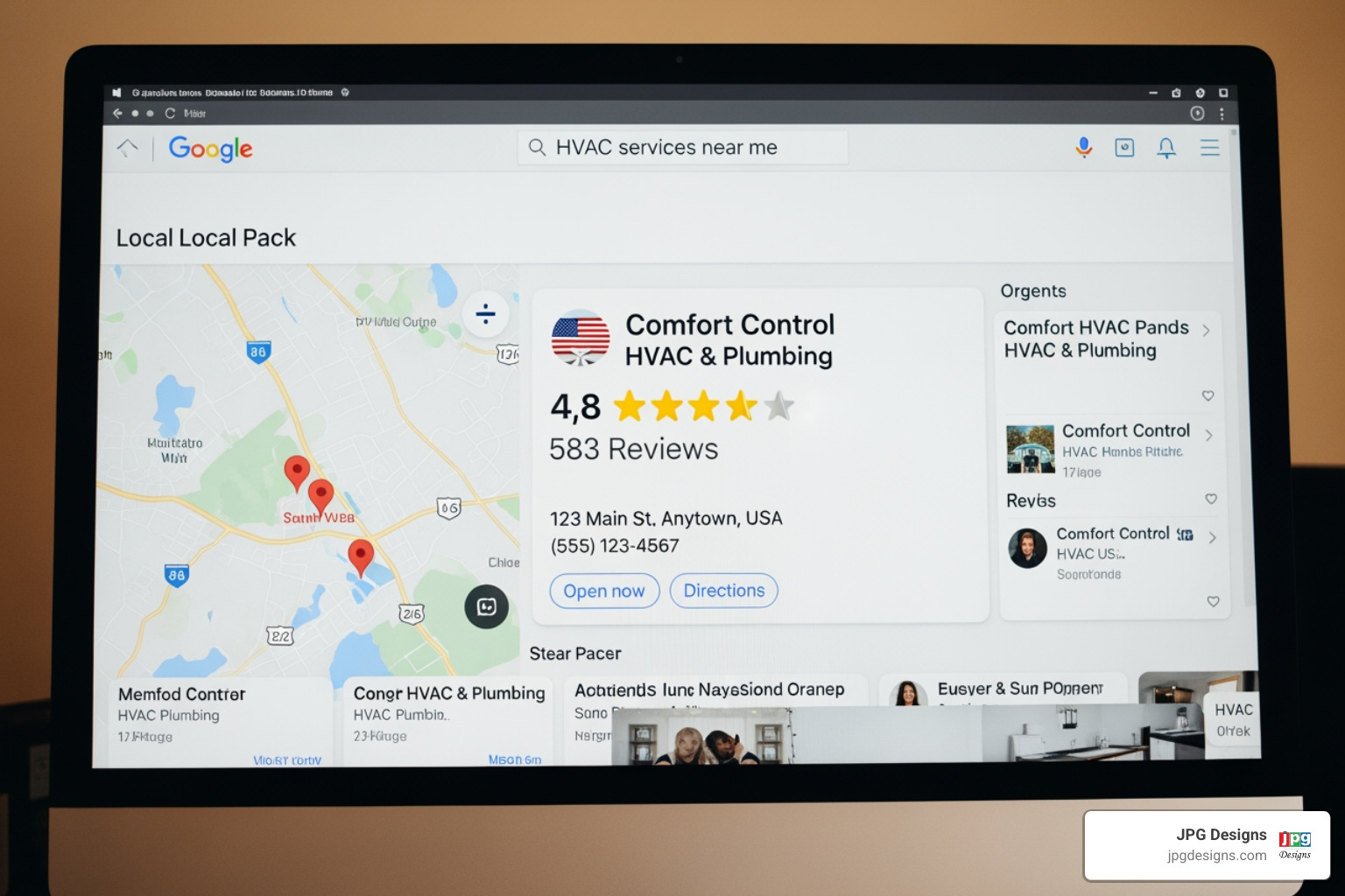 google search results showing an hvac company in the local map pack with positive star ratings - hvac website design tips