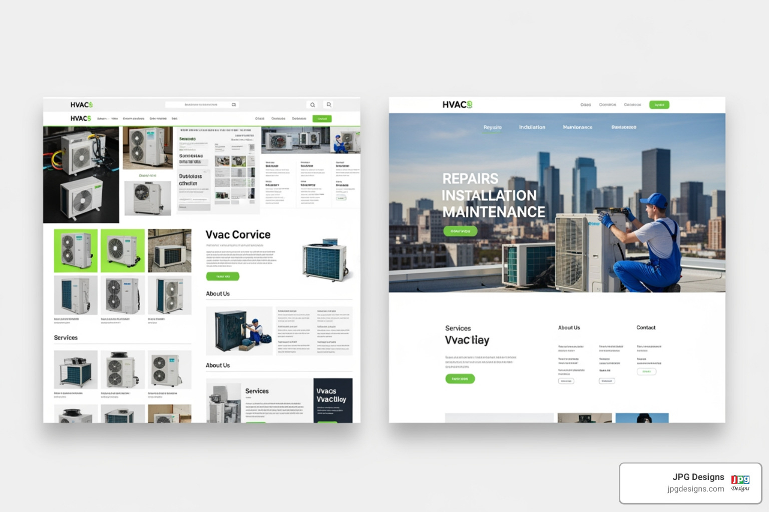 comparing a non-responsive hvac site on a phone with text cut off and hard-to-click buttons, against a perfectly responsive mobile-first site with clear text and easy navigation - hvac website design tips