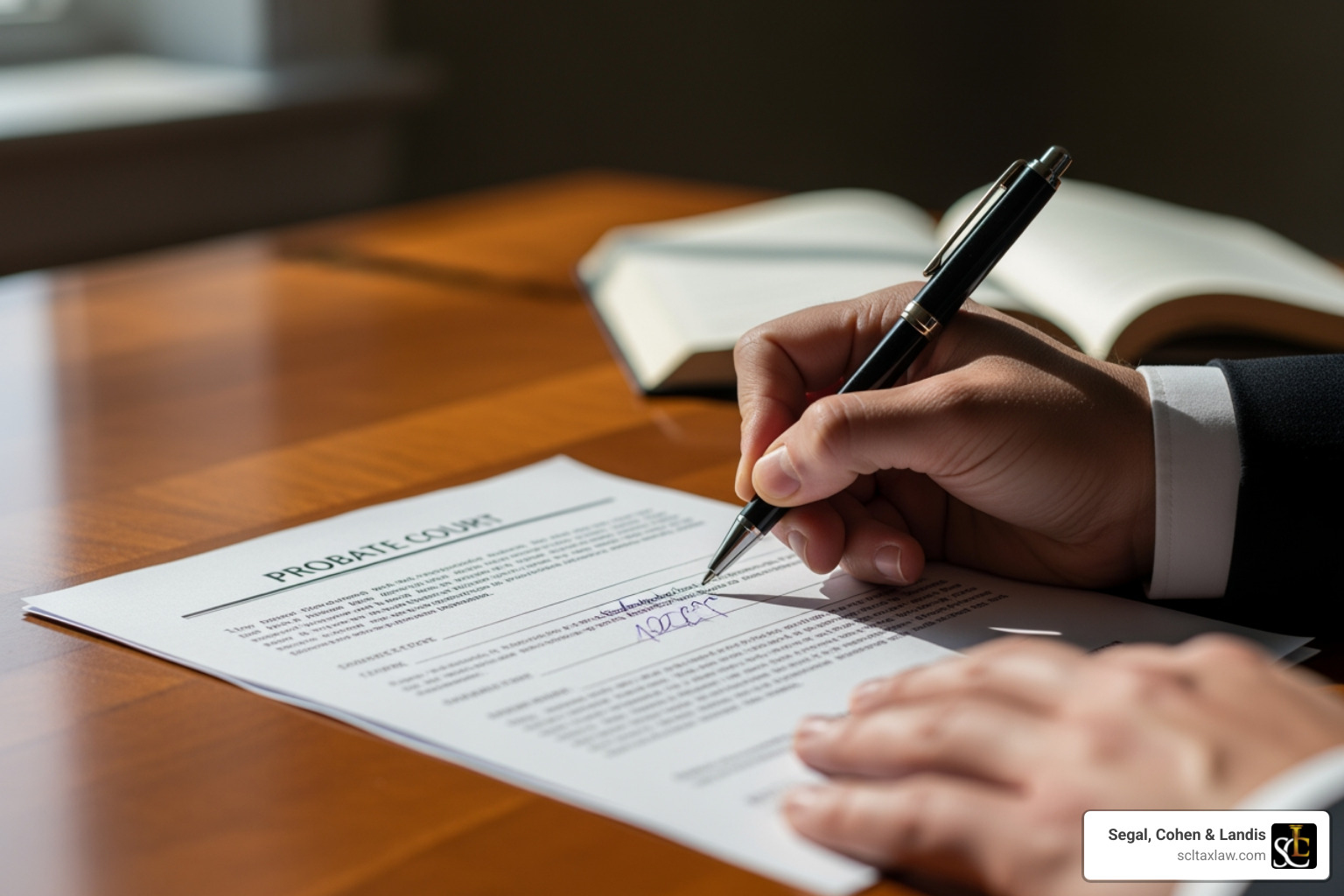 A hand signing a probate court document - estate planning lawyer boston