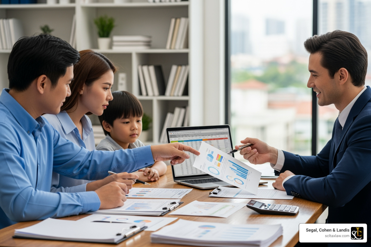 Family and business owner reviewing financial documents - Tax planning Boston