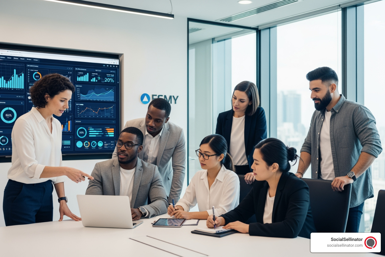 A modern office scene with a diverse group of marketing professionals collaborating on a digital strategy, with data visualizations on a large screen behind them. - best digital marketing agency los angeles ca