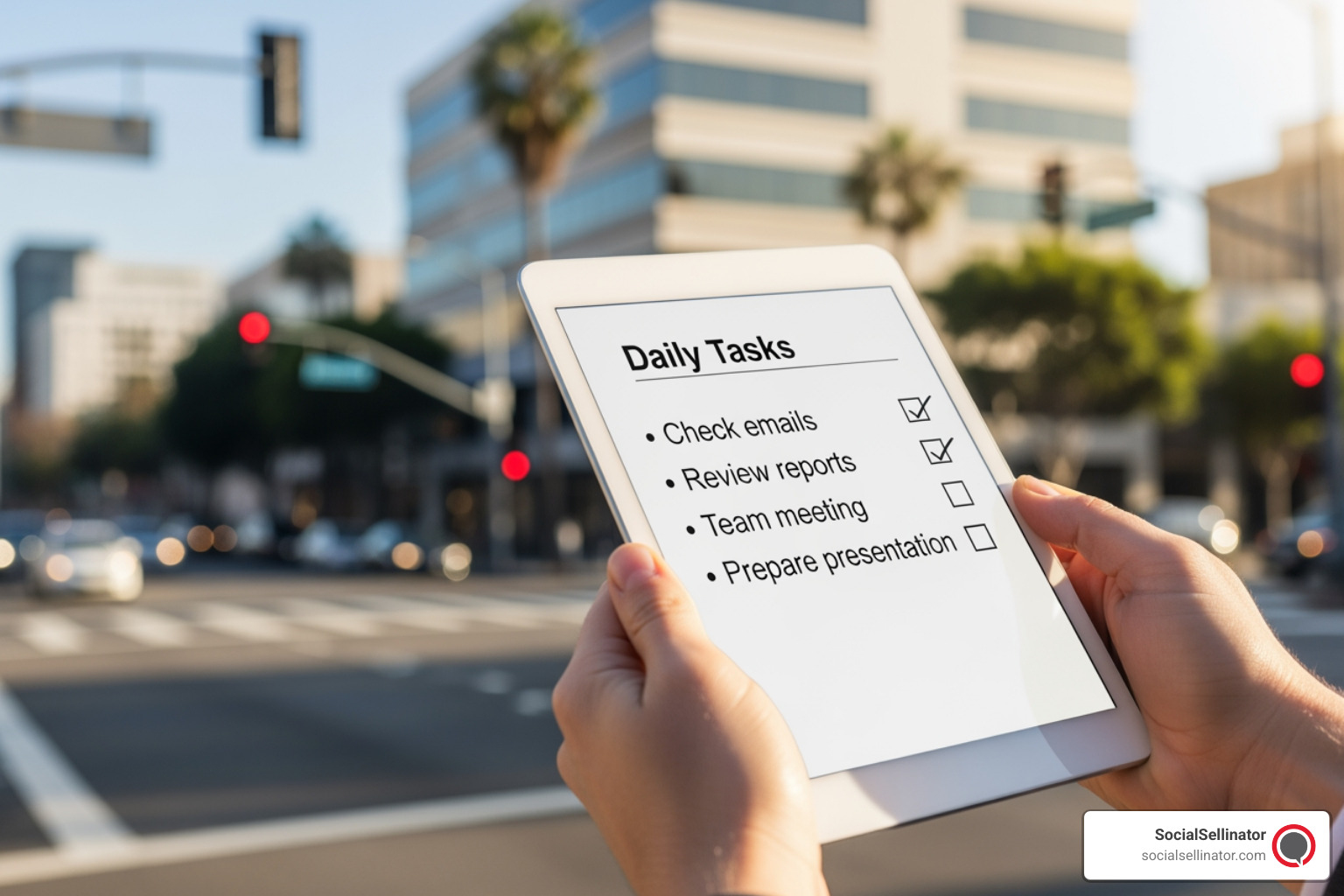 A close-up of a digital tablet displaying a checklist for choosing a marketing agency, with a busy Los Angeles street scene softly blurred in the background. - best digital marketing agency los angeles ca