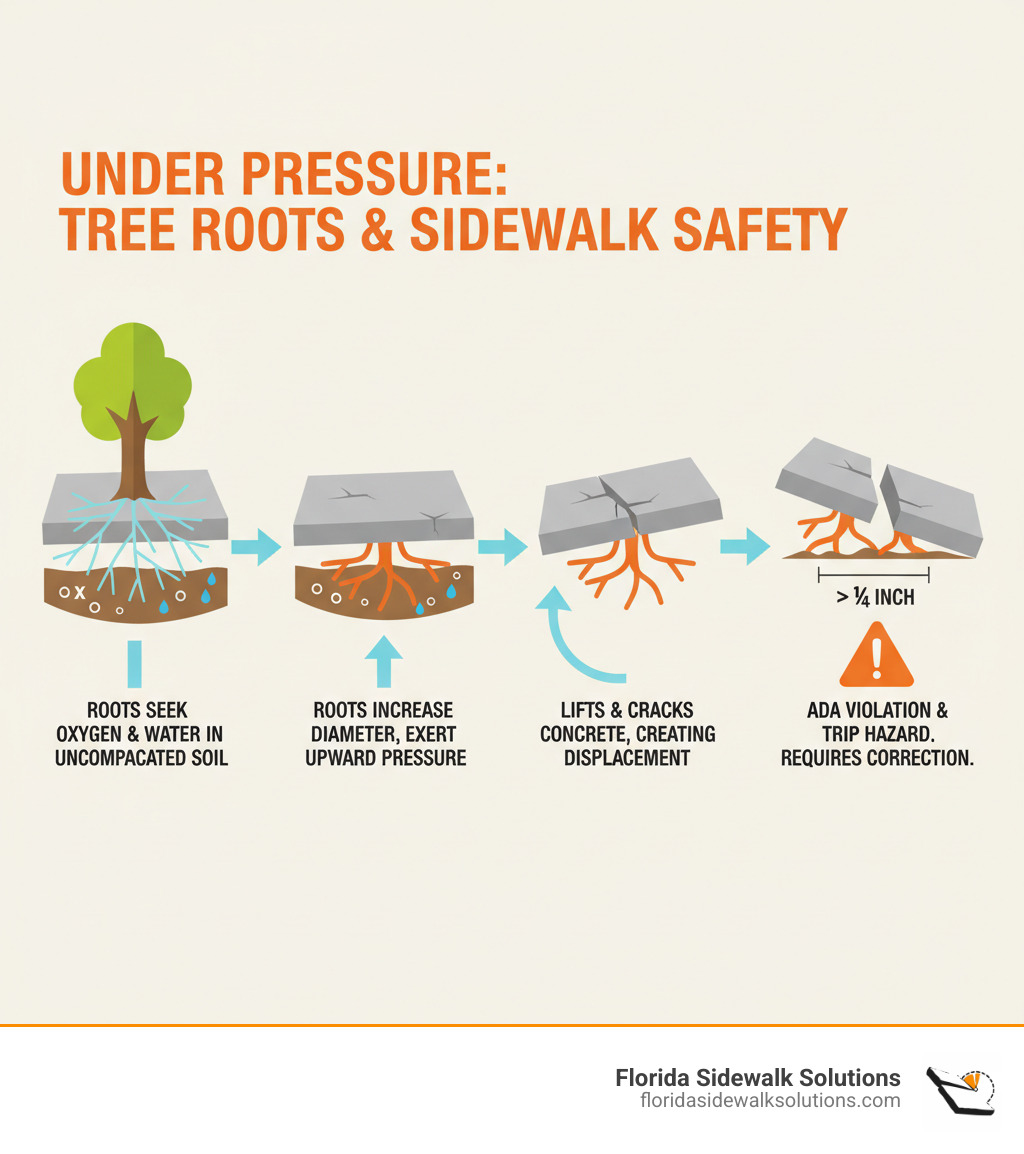 infographic showing tree root growth under sidewalk: roots seek oxygen and water in uncompacted soil beneath concrete; as roots increase in diameter they exert upward pressure; this pressure lifts and cracks the concrete slab creating vertical displacement; once displacement exceeds one quarter inch it becomes an ADA violation and trip hazard requiring correction - shaving tree roots under sidewalk infographic 