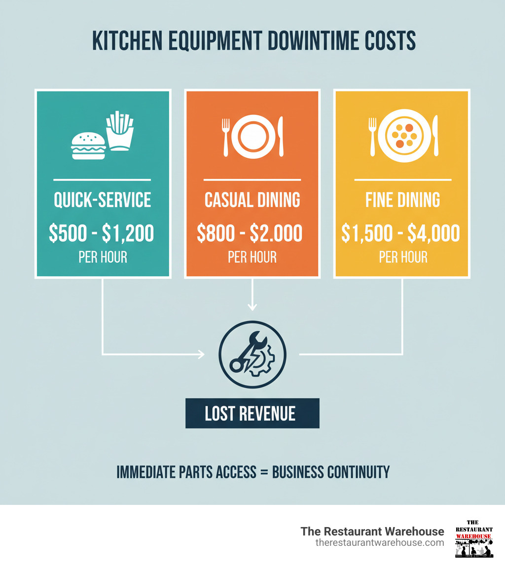 Infographic showing the financial impact of system downtime: Quick-service restaurants lose $500-1,200 per hour, casual dining loses $800-2,000 per hour, and fine dining loses $1,500-4,000 per hour in lost revenue, illustrating why having immediate access to replacement parts through a reliable commercial kitchen parts supply partner is critical for business continuity - commercial kitchen parts supply infographic Infographic showing the financial impact of system downtime: Quick-service restaurants lose $500-1,200 per hour, casual dining loses $800-2,000 per hour, and fine dining loses $1,500-4,000 per hour in lost revenue, illustrating why having immediate access to replacement parts through a reliable commercial kitchen parts supply partner is critical for business continuity - commercial kitchen parts supply infographic