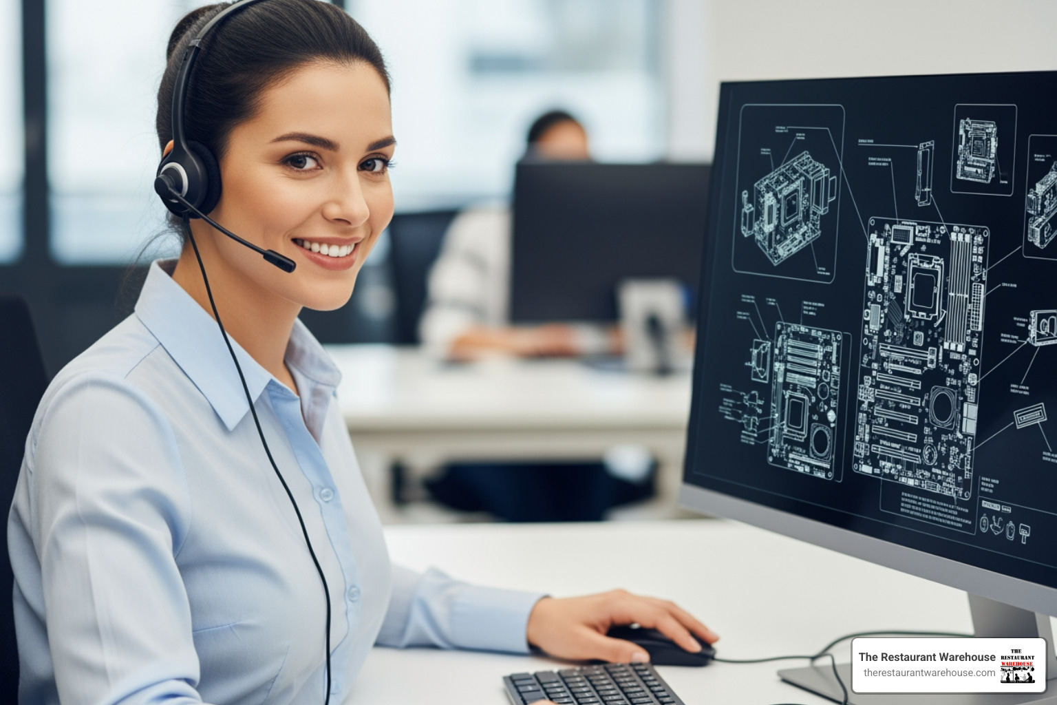 a friendly customer service agent with a headset on, smiling while looking at a computer screen showing parts diagrams - commercial kitchen parts supply a friendly customer service agent with a headset on, smiling while looking at a computer screen showing parts diagrams - commercial kitchen parts supply