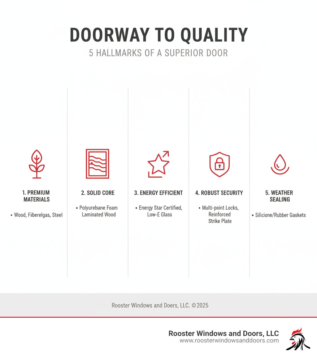 infographic explaining the 5 key signs of a high-quality door: premium material selection (wood, fiberglass, or steel), solid core construction with polyurethane foam or laminated wood, Energy Star certification with low-E glass, robust security features including multi-point locks and reinforced strike plates, and comprehensive weather sealing with silicone or rubber gaskets - best quality doors infographic infographic explaining the 5 key signs of a high-quality door: premium material selection (wood, fiberglass, or steel), solid core construction with polyurethane foam or laminated wood, Energy Star certification with low-E glass, robust security features including multi-point locks and reinforced strike plates, and comprehensive weather sealing with silicone or rubber gaskets - best quality doors infographic