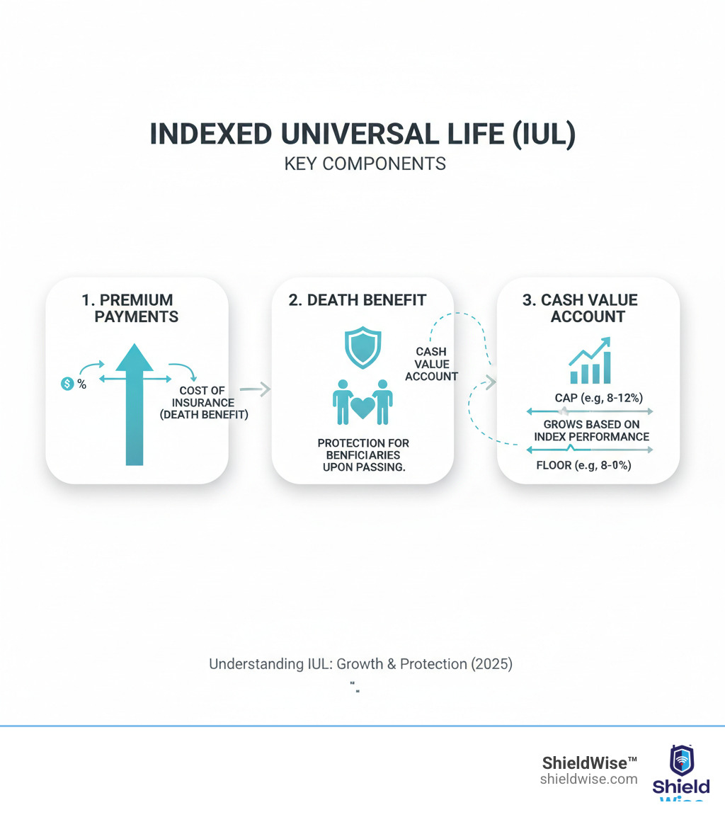 Infographic showing the three core components of an IUL policy: premium payments split between cost of insurance and cash value; death benefit providing protection for beneficiaries; and cash value account that grows based on index performance with a floor and cap - What is IUL infographic 