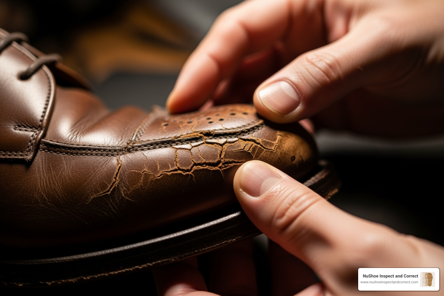 person inspecting cracked leather - affordable shoe repair person inspecting cracked leather - affordable shoe repair