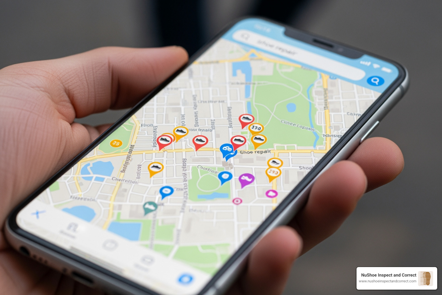 smartphone showing map of shoe repair shops - affordable shoe repair smartphone showing map of shoe repair shops - affordable shoe repair