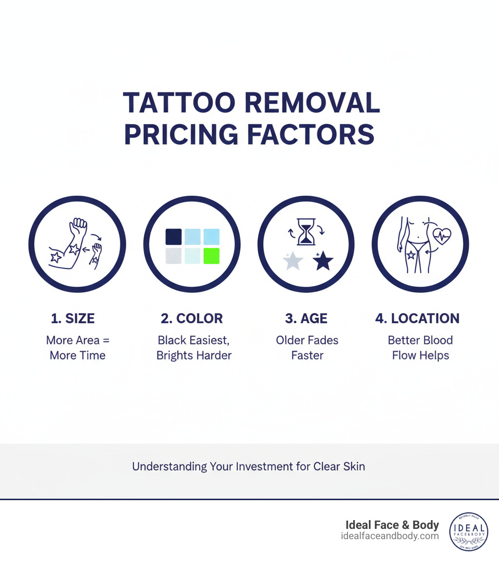 Infographic showing the four main factors influencing laser tattoo removal pricing: Size (larger tattoos require more treatment area and time), Color (black ink easiest to remove, bright colors like green and blue require specialized lasers), Age (older faded tattoos often need fewer sessions than fresh ink), and Location (areas with better blood flow respond faster to treatment) - laser tattoo removal pricing infographic Infographic showing the four main factors influencing laser tattoo removal pricing: Size (larger tattoos require more treatment area and time), Color (black ink easiest to remove, bright colors like green and blue require specialized lasers), Age (older faded tattoos often need fewer sessions than fresh ink), and Location (areas with better blood flow respond faster to treatment) - laser tattoo removal pricing infographic