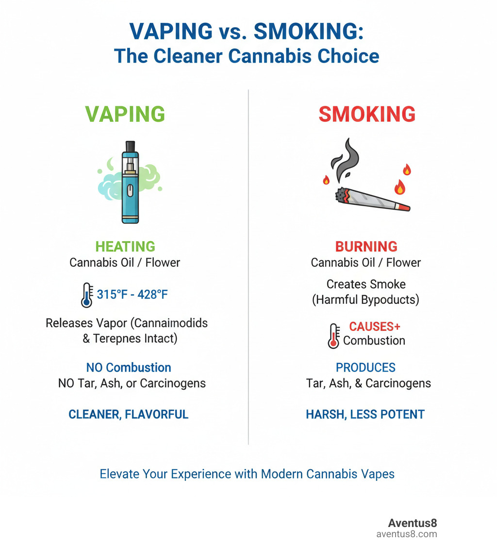 Infographic showing the difference between vaping (heating cannabis oil or flower to 315-428°F to release vapor with cannabinoids and terpenes intact, no combustion) versus smoking (burning at 1400°F+ causing combustion, creating smoke with tar, ash, and carcinogens) - Cannabis vapes for sale infographic 