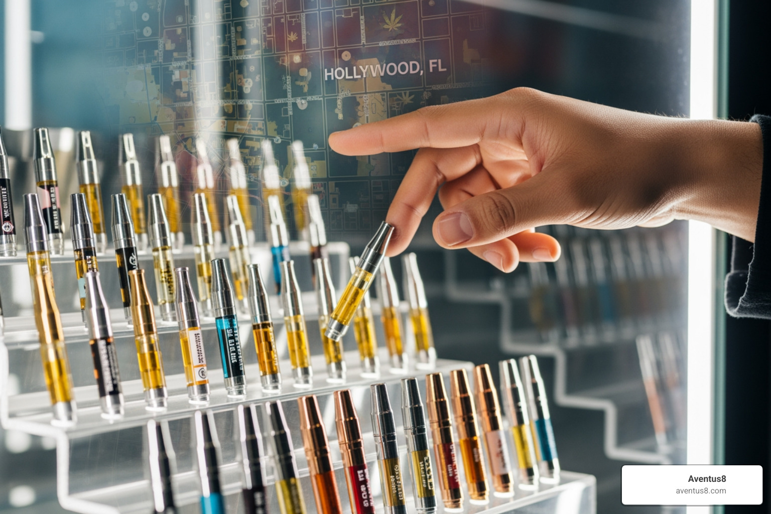 Person choosing a vape cartridge from a selection, with a subtle Hollywood, FL map overlay - Cannabis vapes for sale