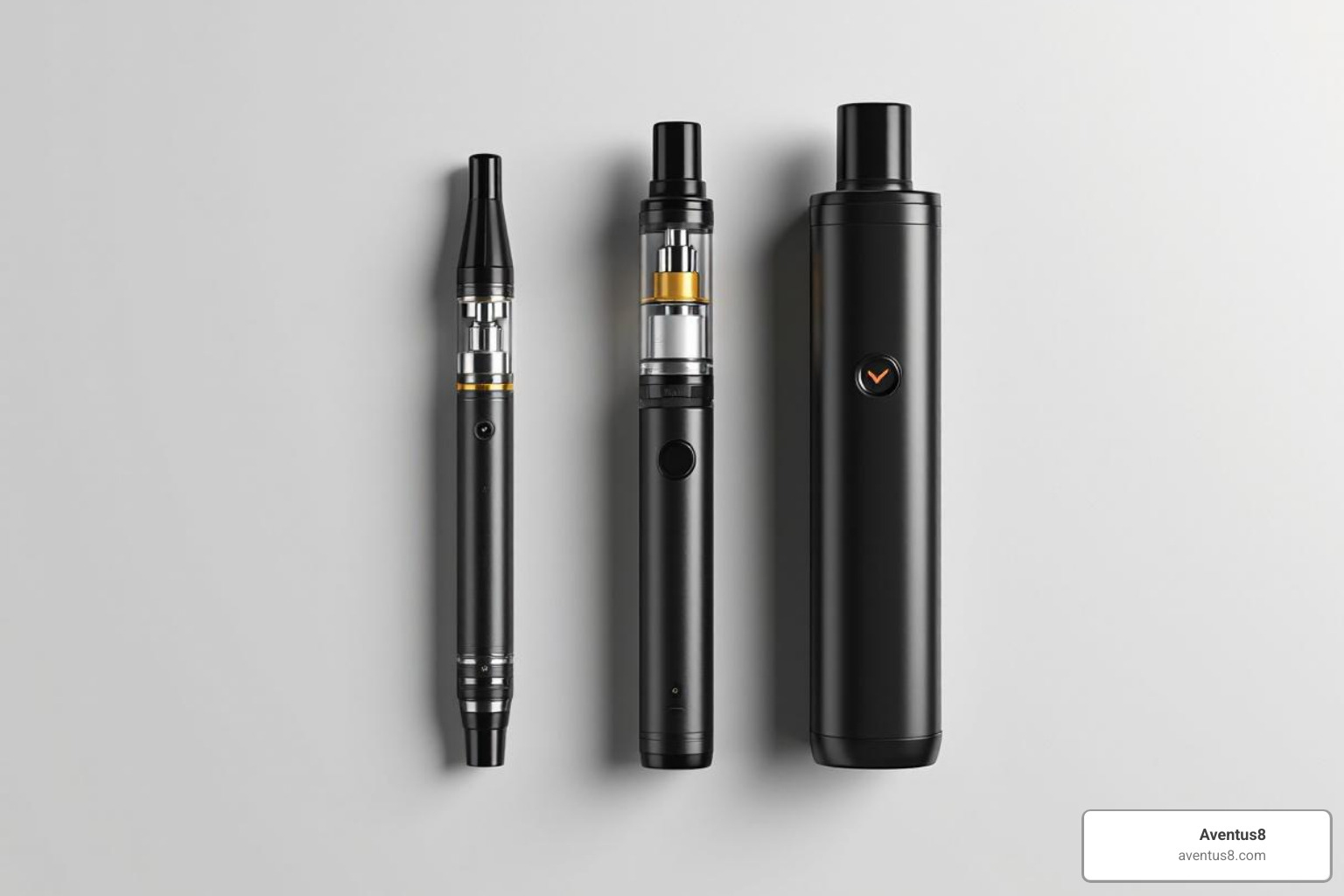 Three types of vapes: a disposable, a cartridge with a battery, and a dry herb vaporizer - Cannabis vapes for sale