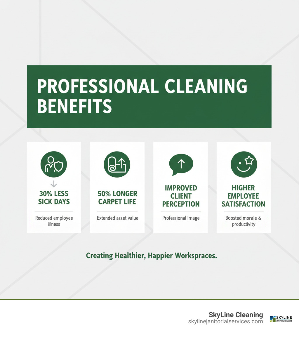 Infographic showing benefits of professional commercial cleaning: reduced employee sick days by 30%, extended carpet lifespan by 50%, improved client perception scores, and higher employee satisfaction ratings - commercial cleaning services Chicago infographic 