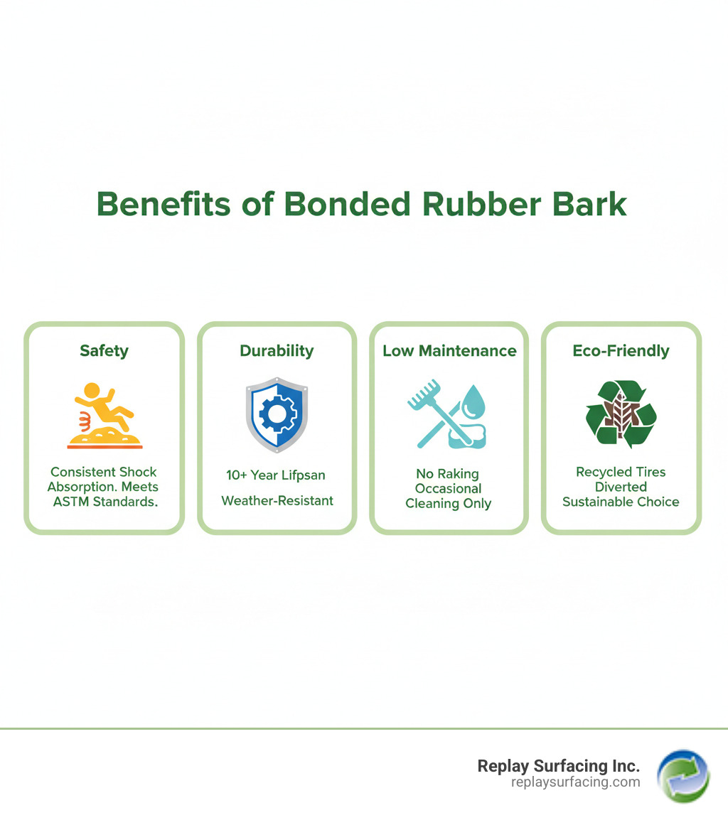 Infographic showing four key benefits of bonded rubber bark: Safety (consistent shock absorption, meets ASTM standards), Durability (10+ year lifespan, weather-resistant), Low Maintenance (no raking, occasional cleaning only), and Eco-Friendly (recycled tires diverted from landfills, sustainable choice) - bonded rubber bark infographic 