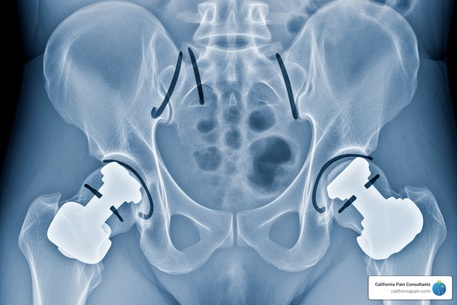 X-ray showing a loosened hip implant - chronic pain after hip replacement