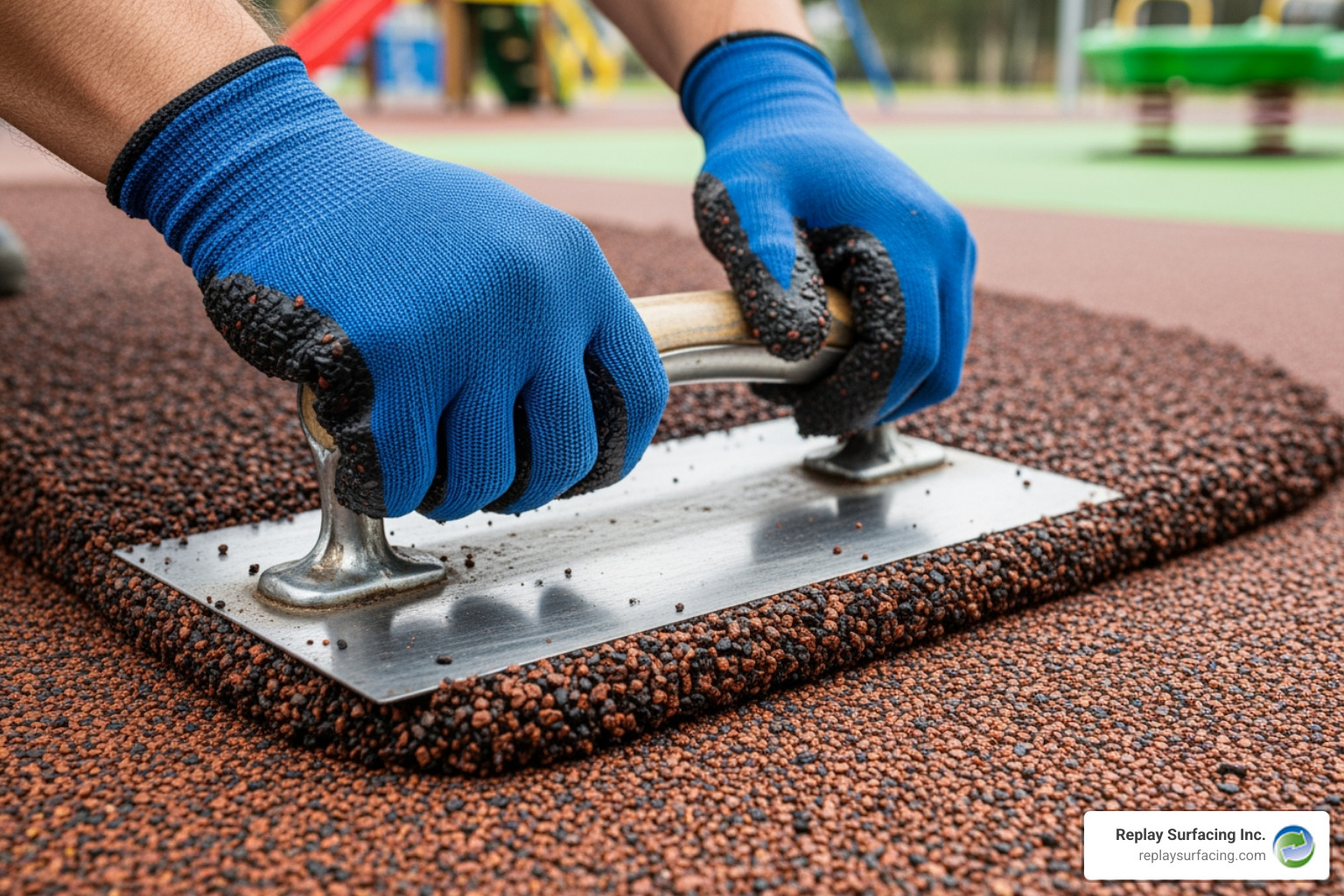 professional installer hand-troweling bonded rubber bark in a Charlotte, NC playground - bonded rubber bark