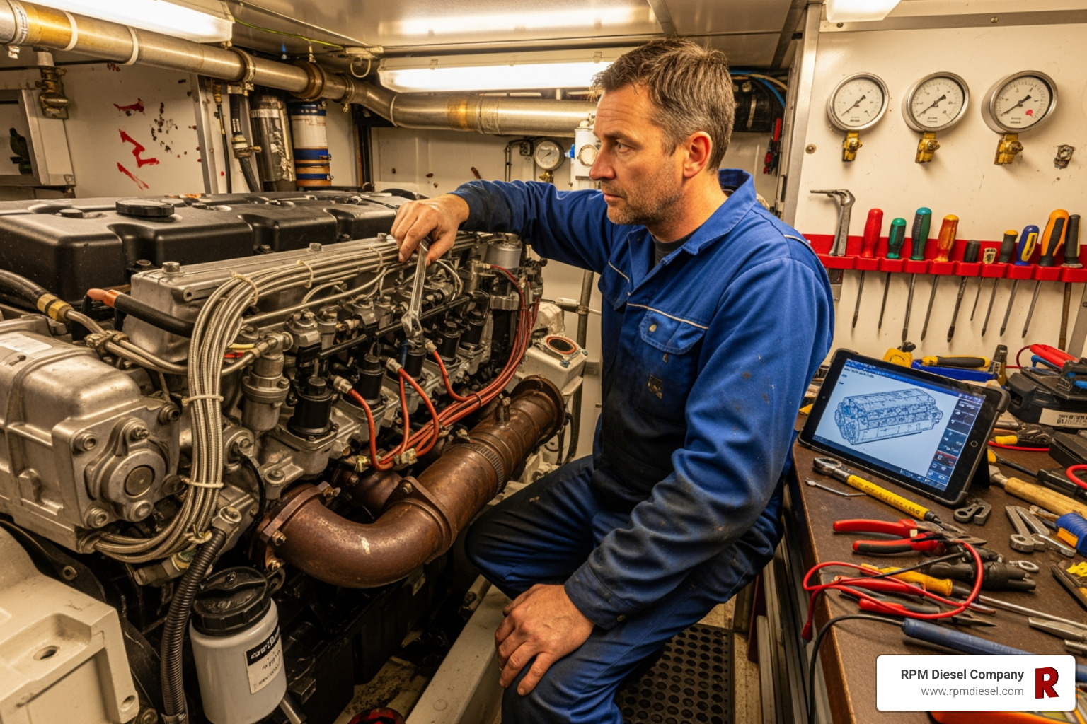 technician servicing a marine diesel engine - cummins isx troubleshooting