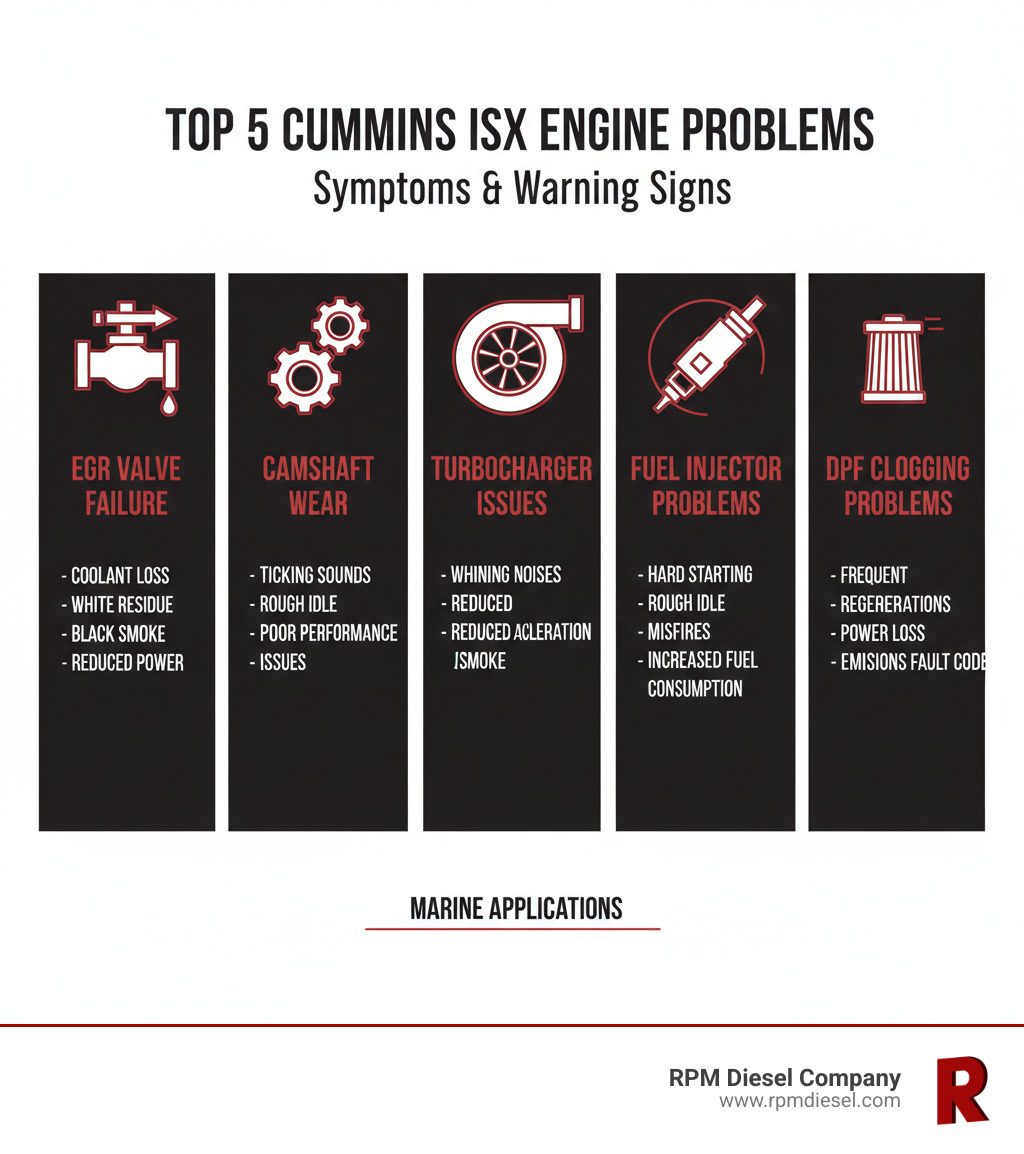 Infographic showing the 5 most common Cummins ISX engine problems with symptoms and warning signs for each: EGR valve failure with coolant loss and white residue, camshaft wear with ticking sounds, turbocharger issues with whining noises, fuel injector problems with rough idling, and DPF clogging with frequent regenerations - cummins isx troubleshooting infographic 