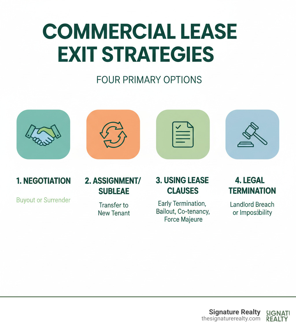 infographic showing four main commercial lease exit strategies: Negotiation (buyout or surrender), Assignment/Sublease (transfer to new tenant), Using Lease Clauses (early termination, bailout, co-tenancy, force majeure), and Legal Termination (landlord breach or impossibility) - how can i get out of a commercial lease infographic infographic showing four main commercial lease exit strategies: Negotiation (buyout or surrender), Assignment/Sublease (transfer to new tenant), Using Lease Clauses (early termination, bailout, co-tenancy, force majeure), and Legal Termination (landlord breach or impossibility) - how can i get out of a commercial lease infographic