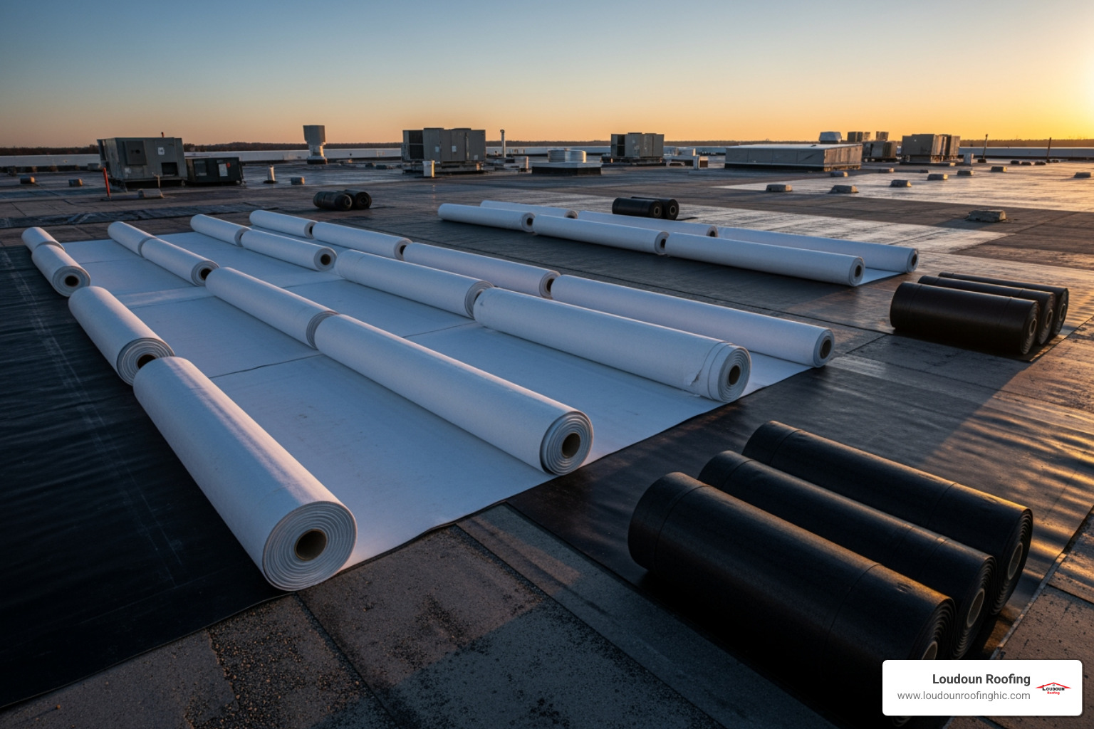Rolls of TPO and EPDM roofing material laid out on a commercial rooftop, ready for installation - roof replacement experts
