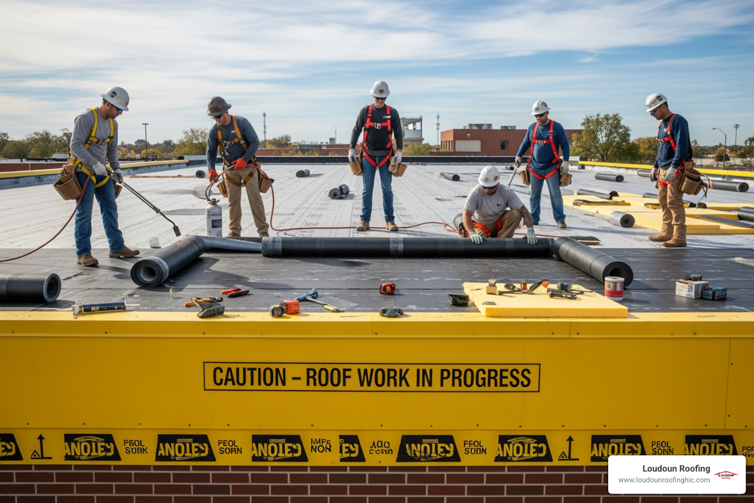 A team of commercial roofers installing a new flat roof on a large building with safety barriers in place - roof replacement experts