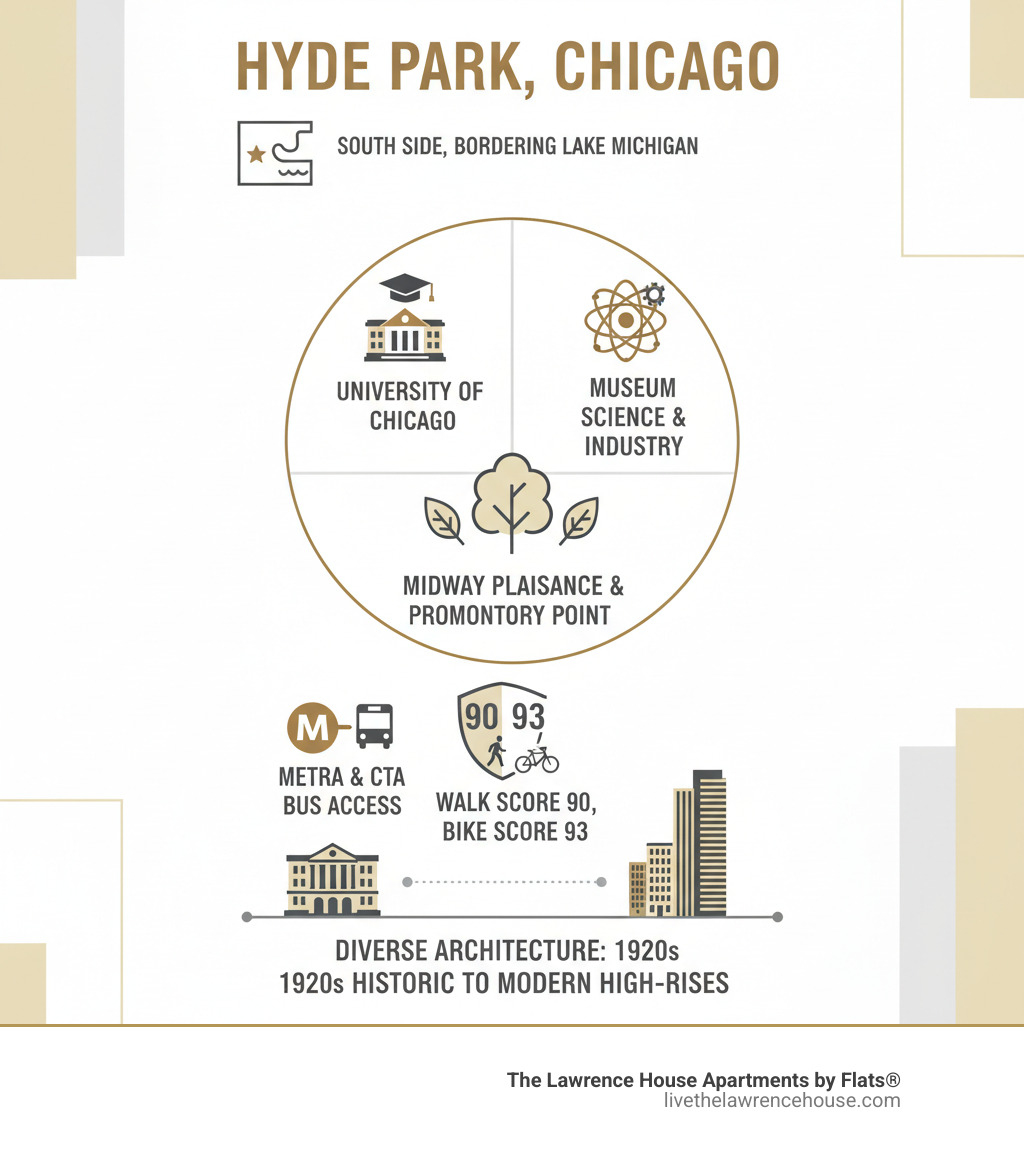 Infographic showing Hyde Park's key features: located on Chicago's South Side bordering Lake Michigan, home to University of Chicago, includes Museum of Science and Industry, features Midway Plaisance Park and Promontory Point, offers Metra and CTA bus access, Walk Score 90, Bike Score 93, and diverse architectural styles from 1920s historic buildings to modern high-rises - 1 bedroom apartments in hyde park chicago infographic Infographic showing Hyde Park's key features: located on Chicago's South Side bordering Lake Michigan, home to University of Chicago, includes Museum of Science and Industry, features Midway Plaisance Park and Promontory Point, offers Metra and CTA bus access, Walk Score 90, Bike Score 93, and diverse architectural styles from 1920s historic buildings to modern high-rises - 1 bedroom apartments in hyde park chicago infographic