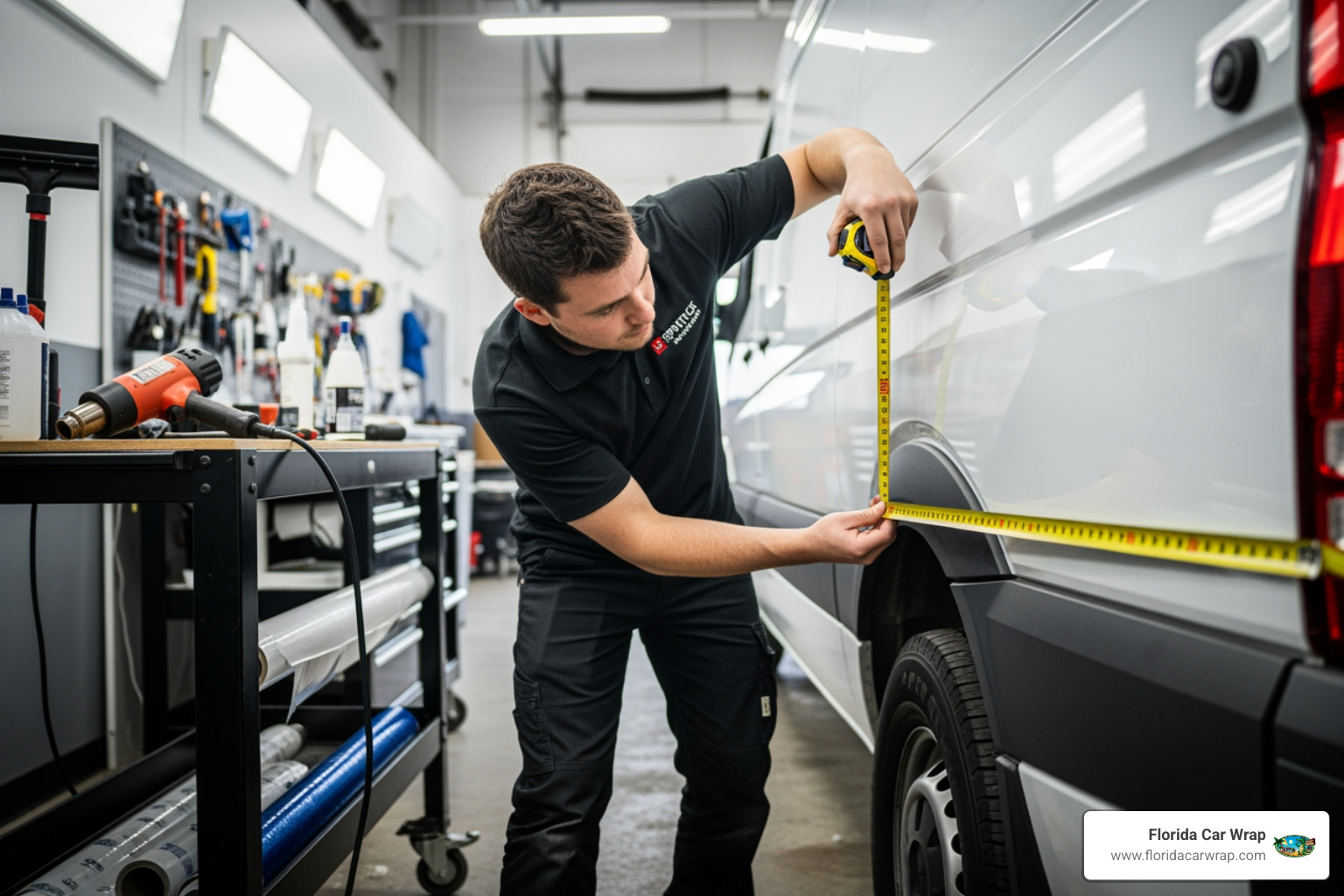 A wrap installer meticulously measuring a Sprinter van's complex curves - van wrap pricing