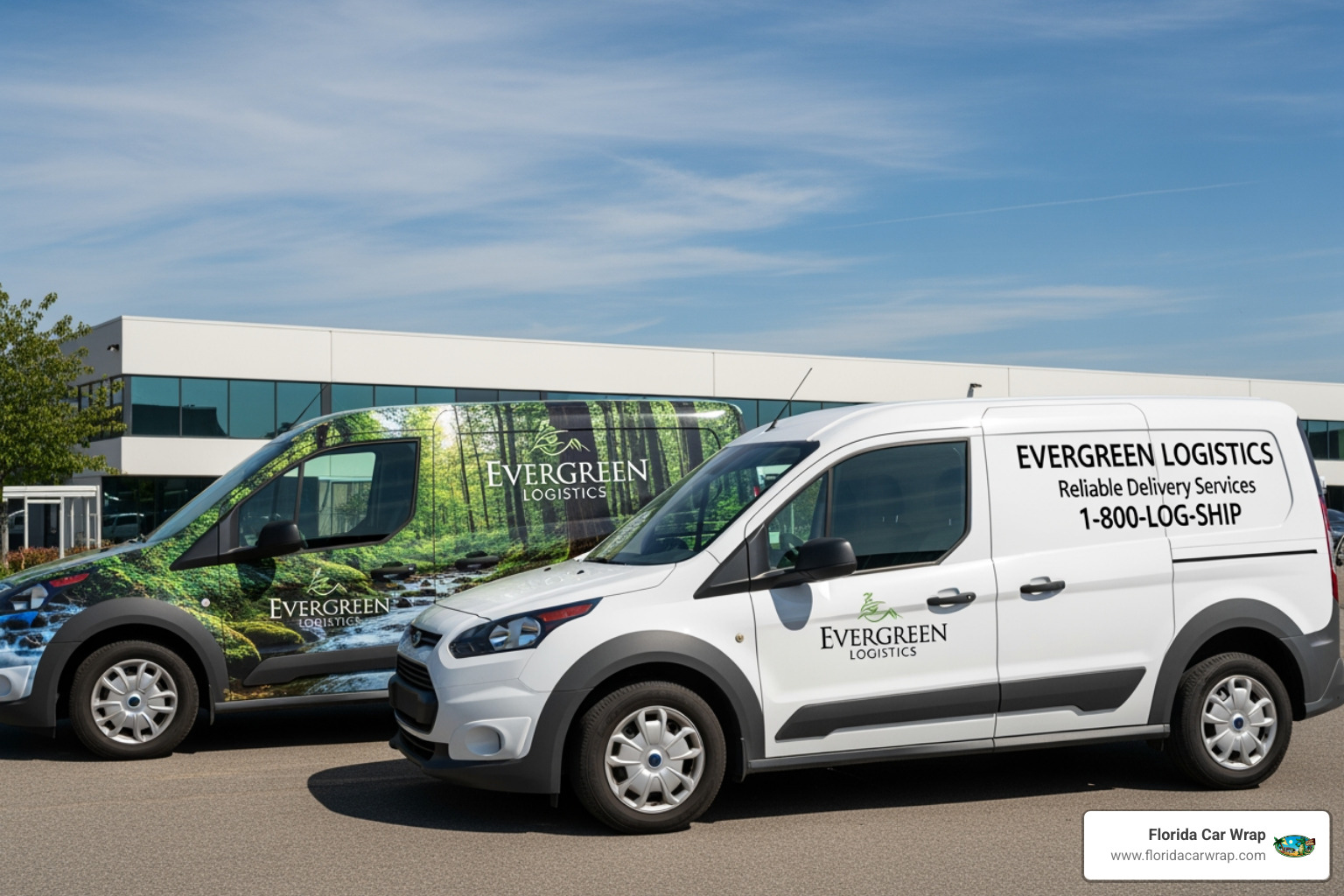 Three identical cargo vans, one with a full wrap, one with a partial wrap, and one with a vinyl lettering - van wrap pricing