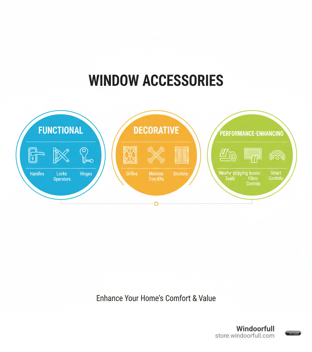 Infographic showing three main categories of window accessories: Functional (handles, locks, hinges, operators), Decorative (grilles, muntins, trim kits, shutters), and Performance-Enhancing (weatherstripping, seals, screens, films, smart controls) - Window Accessories infographic Infographic showing three main categories of window accessories: Functional (handles, locks, hinges, operators), Decorative (grilles, muntins, trim kits, shutters), and Performance-Enhancing (weatherstripping, seals, screens, films, smart controls) - Window Accessories infographic