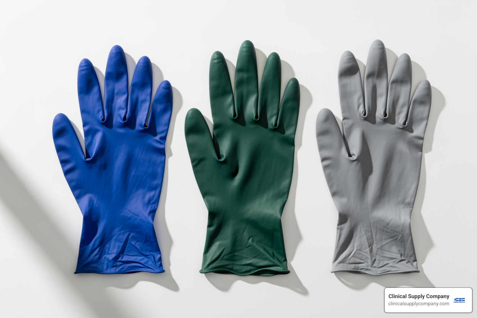 three different types of latex-free gloves (nitrile, polychloroprene, vinyl) side-by-side - Latex alternative gloves