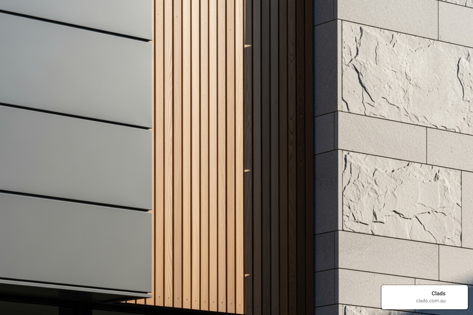 Architectural detail of a building façade cladded using three contrasting materials: smooth grey panels, warm vertical timber, and textured stone blocks. Architectural detail of a building façade cladded using three contrasting materials: smooth grey panels, warm vertical timber, and textured stone blocks.