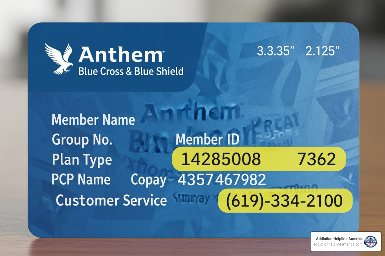 Anthem insurance card with Member ID and customer service number highlighted - Anthem Insurance Coverage for Drug and Alcohol Rehab Anthem insurance card with Member ID and customer service number highlighted - Anthem Insurance Coverage for Drug and Alcohol Rehab