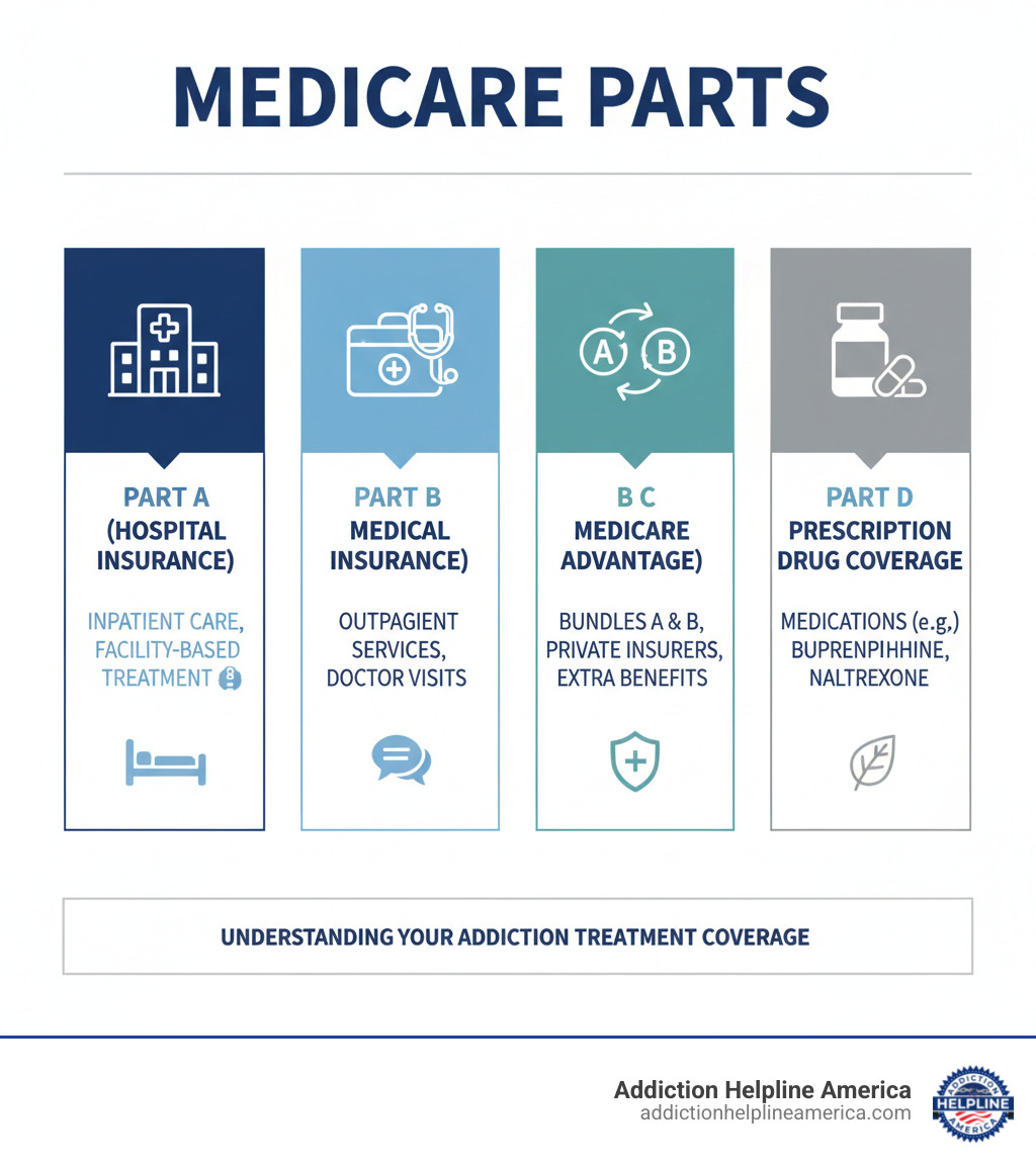 infographic showing the four parts of Medicare: Part A (Hospital Insurance) covers inpatient care and facility-based treatment, Part B (Medical Insurance) covers outpatient services and doctor visits, Part C (Medicare Advantage) bundles A and B through private insurers with possible extra benefits, and Part D (Prescription Drug Coverage) covers medications for addiction treatment like buprenorphine and naltrexone - Medicare Insurance Coverage for Drug and Alcohol Rehab infographic 
