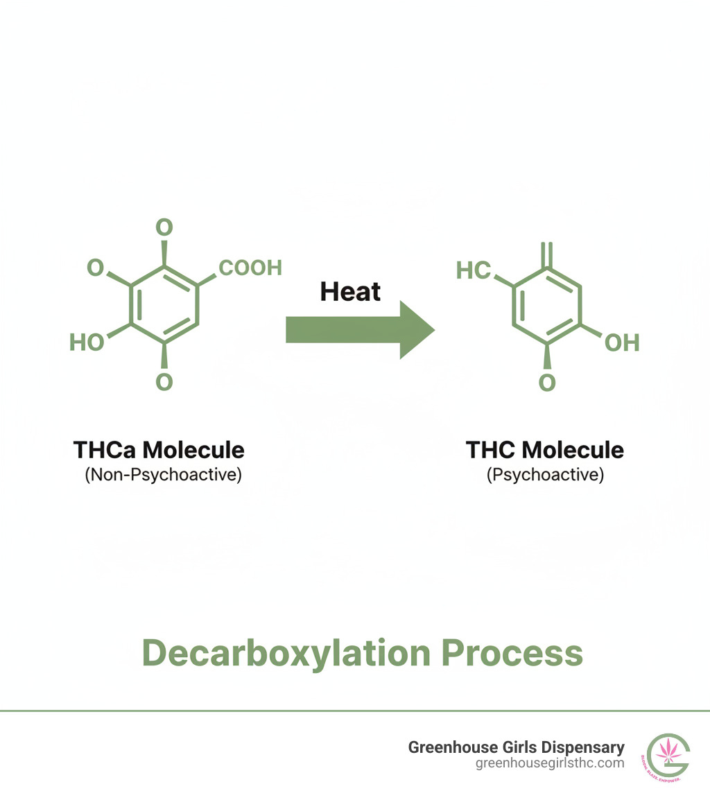 Infographic showing a THCa molecule (non-psychoactive) with an arrow pointing to a THC molecule (psychoactive) and the word "Heat" above the arrow, illustrating decarboxylation - Best THCa pre rolls infographic 