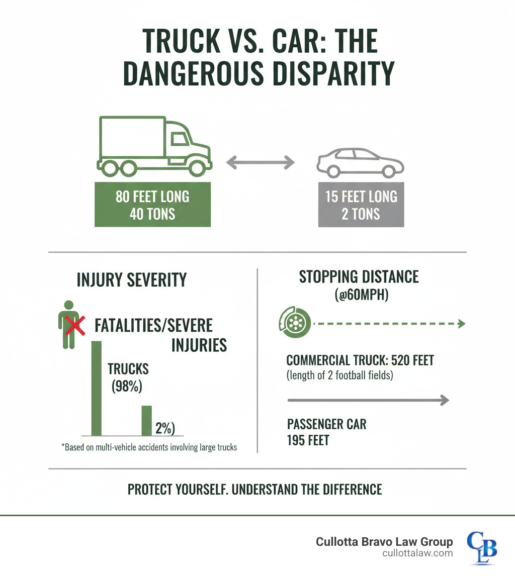 infographic showing size comparison between an 80-foot, 40-ton commercial truck versus a standard passenger car, with statistics on injury severity and stopping distances for commercial vehicles versus passenger cars - truck accident lawyers aurora infographic 
