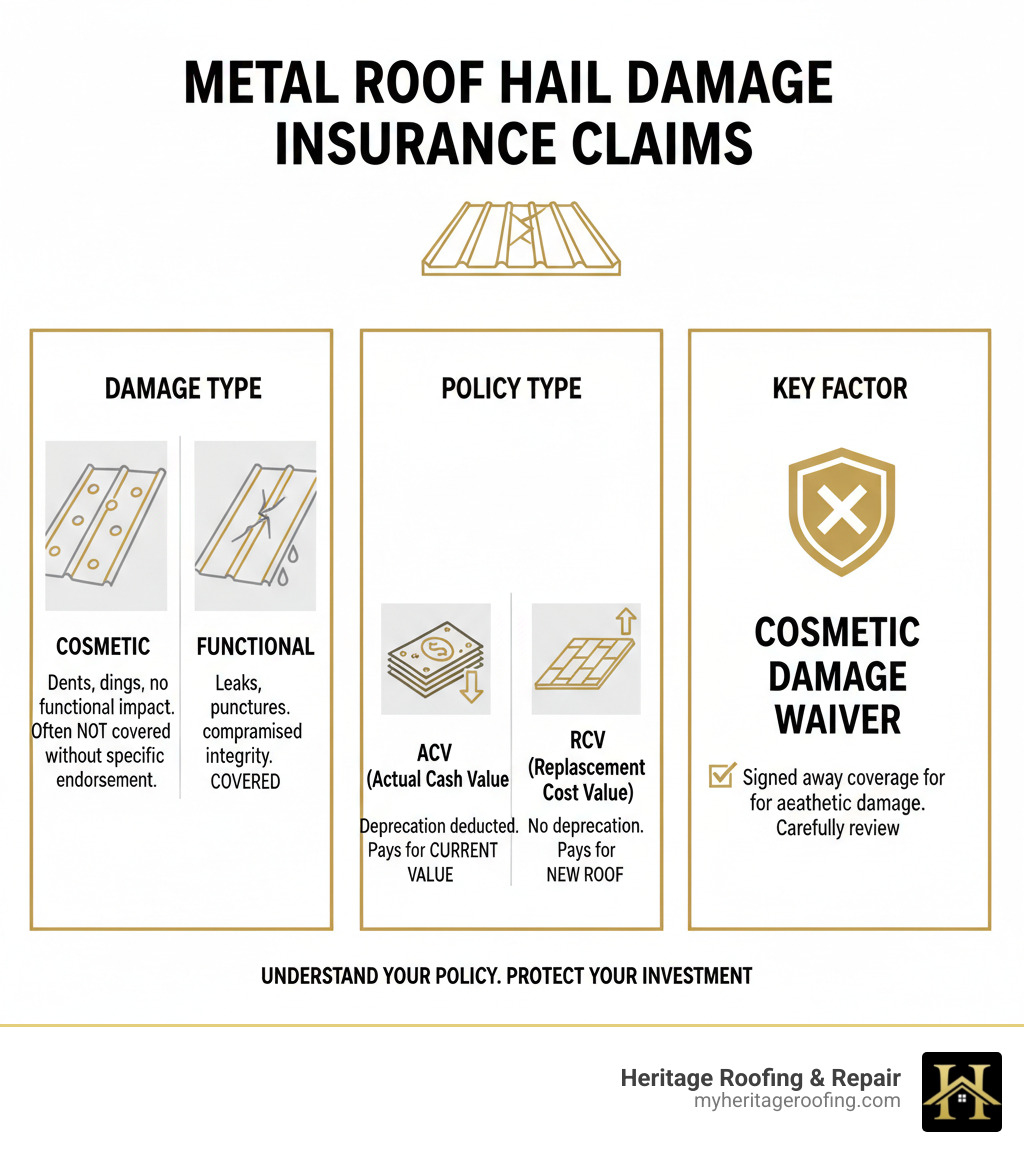 Infographic explaining key factors in metal roof hail damage insurance claims: Cosmetic vs. Functional Damage, ACV vs. RCV Policies, and the role of Cosmetic Damage Waivers - metal roof hail damage insurance infographic 