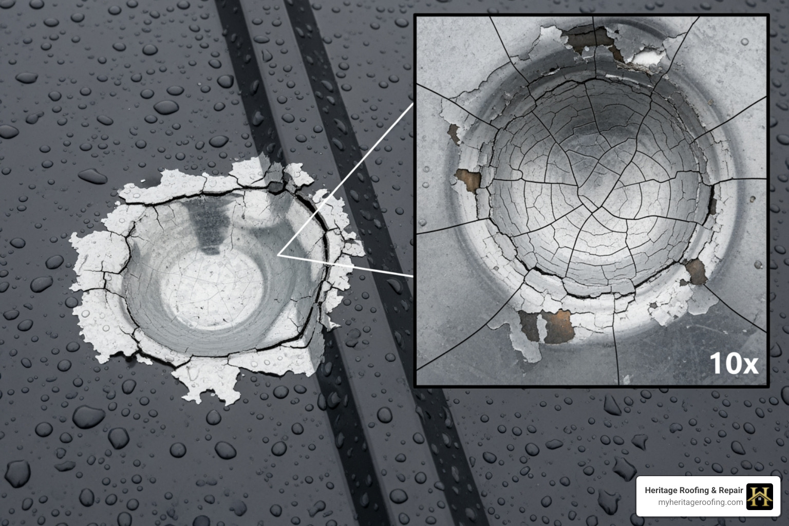 close-up showing a hail dent on a metal panel, with another image showing micro-fracturing under magnification - metal roof hail damage insurance