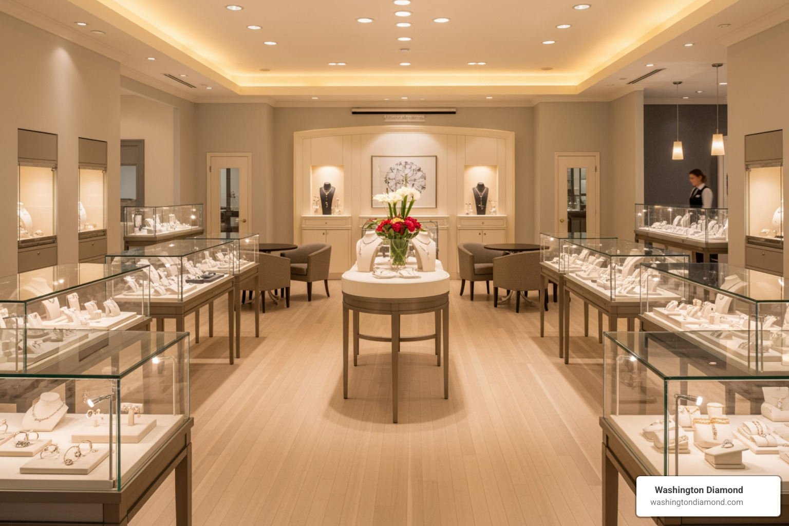 A welcoming and neatly arranged jewelry showroom interior with display cases and soft lighting, inviting customers to browse comfortably. - jeweler near me A welcoming and neatly arranged jewelry showroom interior with display cases and soft lighting, inviting customers to browse comfortably. - jeweler near me