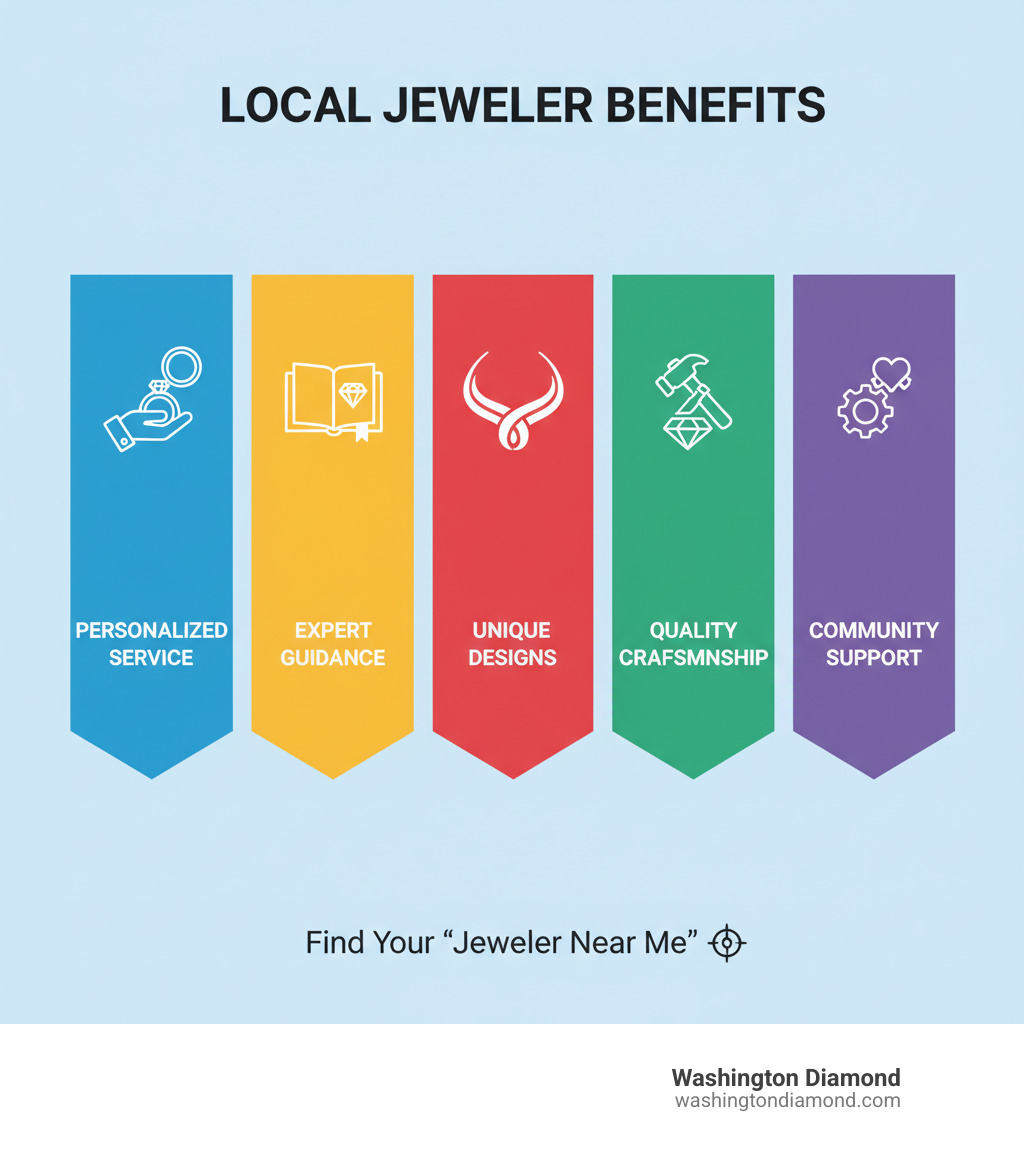 Infographic detailing the top 5 benefits of shopping at a local jeweler, including personalized service, expertise, unique designs, quality craftsmanship, and supporting the community. - jeweler near me infographic Infographic detailing the top 5 benefits of shopping at a local jeweler, including personalized service, expertise, unique designs, quality craftsmanship, and supporting the community. - jeweler near me infographic