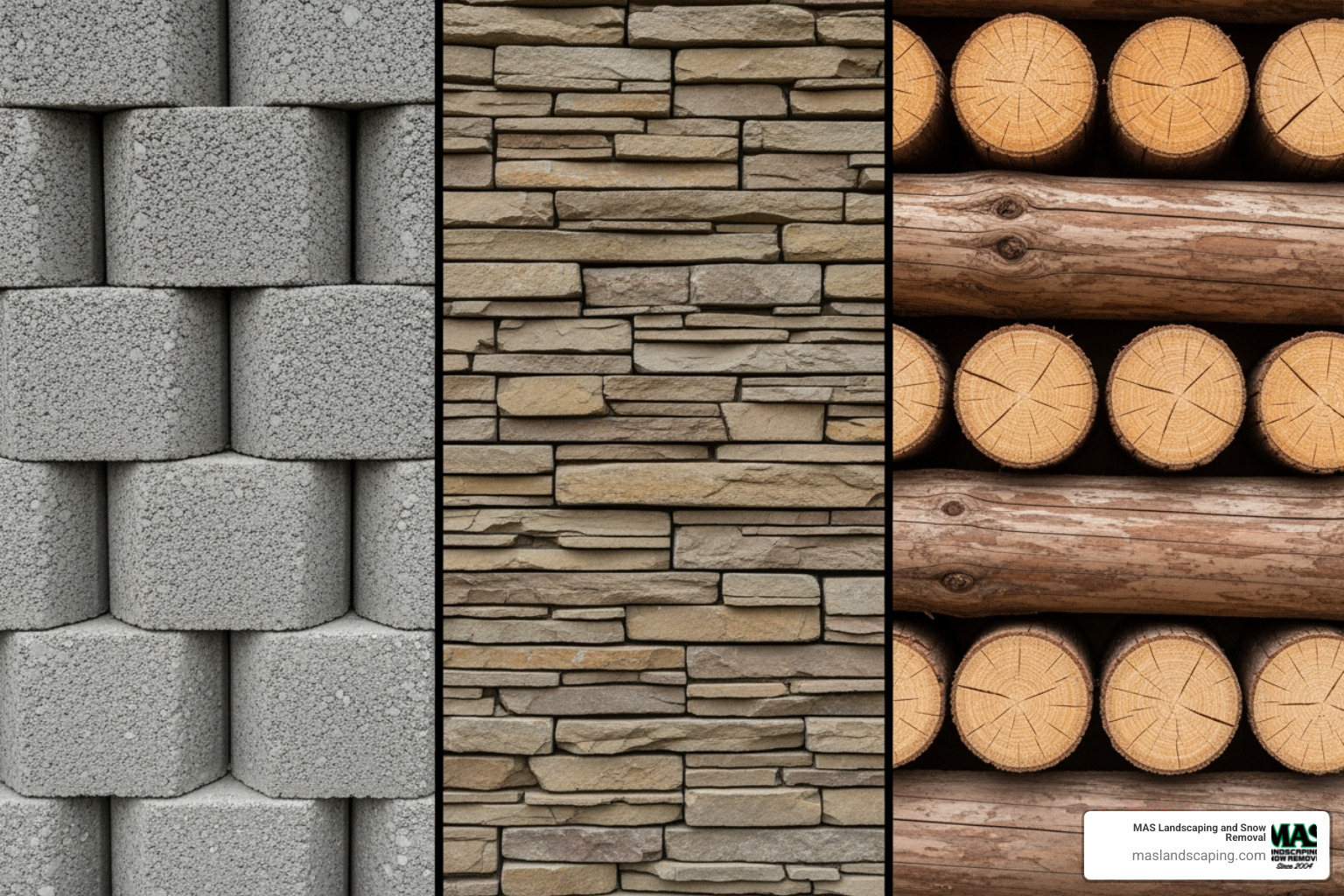 various retaining wall material samples like interlocking blocks, natural stone, and timber - Retaining Wall Cost